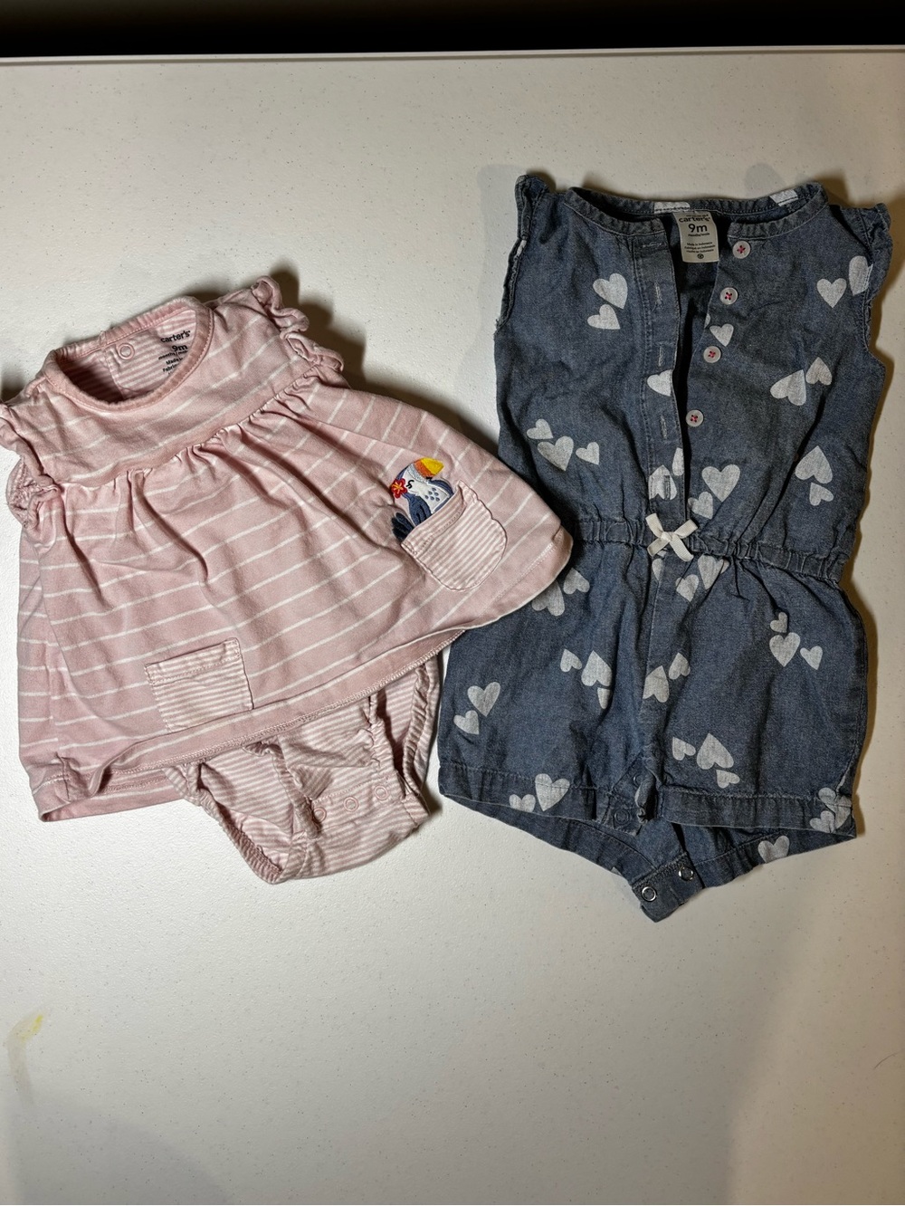 Carter's Pink Striped Dress with Blue Heart Romper Set